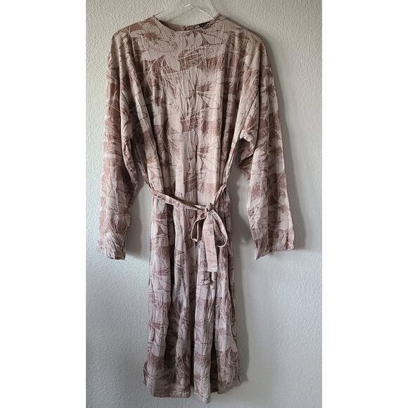 Zara Floral Midi Dress Sz Large Long Mock Neck Party Career Belt‎ - Picture 2 of 11